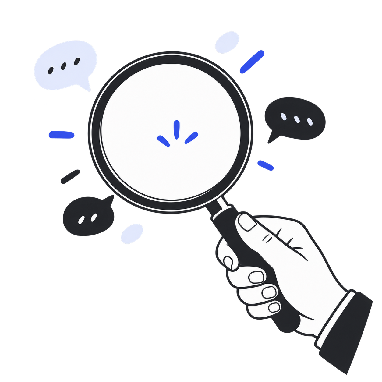 A hand using a magnifying glass to notice a signal among conversation shapes.