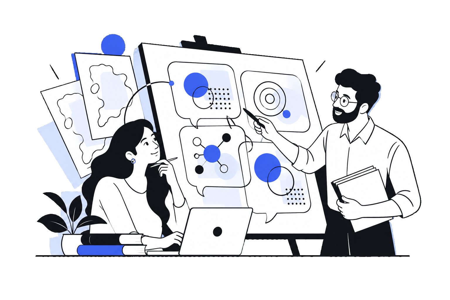 Two people reviewing public discussion and research together.