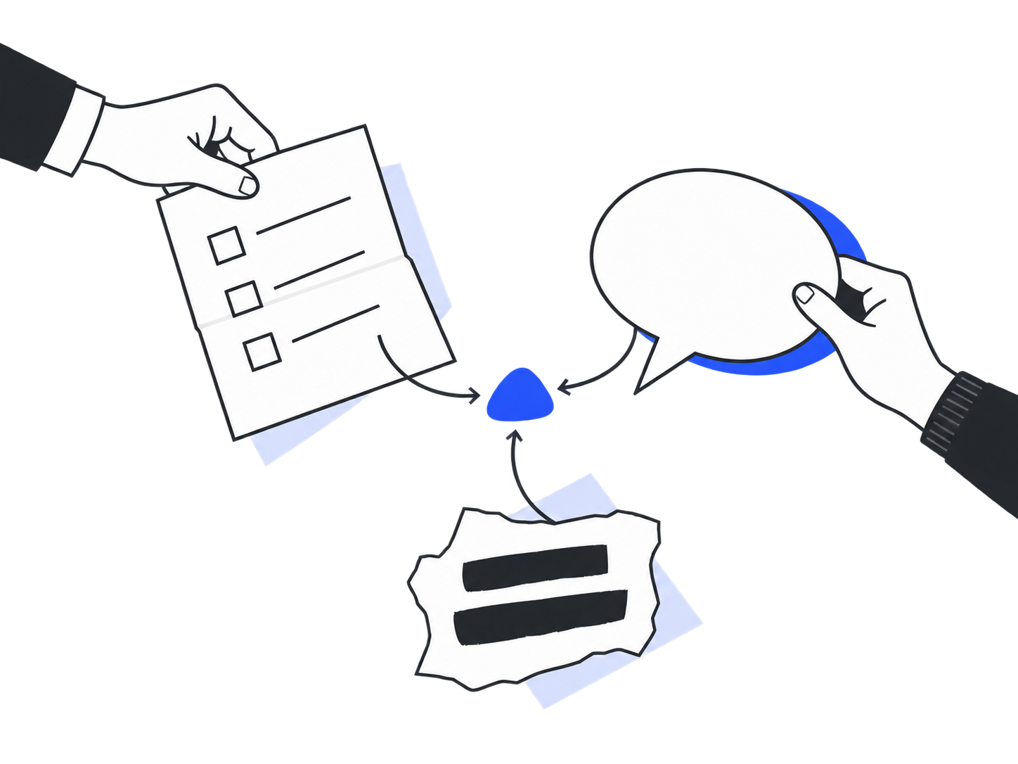 Hands bringing survey questions, public discussion and written sources together.